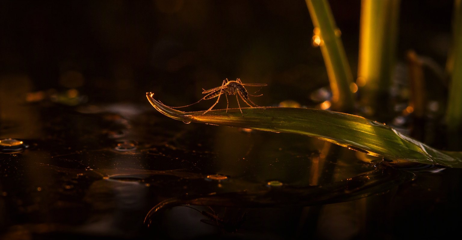 Mosquito on a leaf over standing marsh water at golden hour