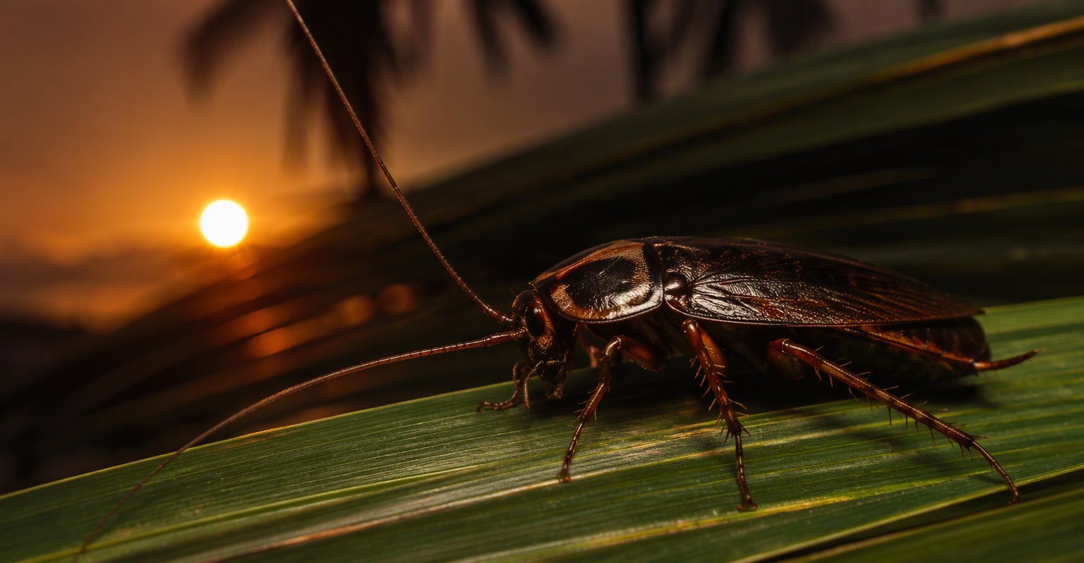Large palmetto bug on a palm frond at dusk