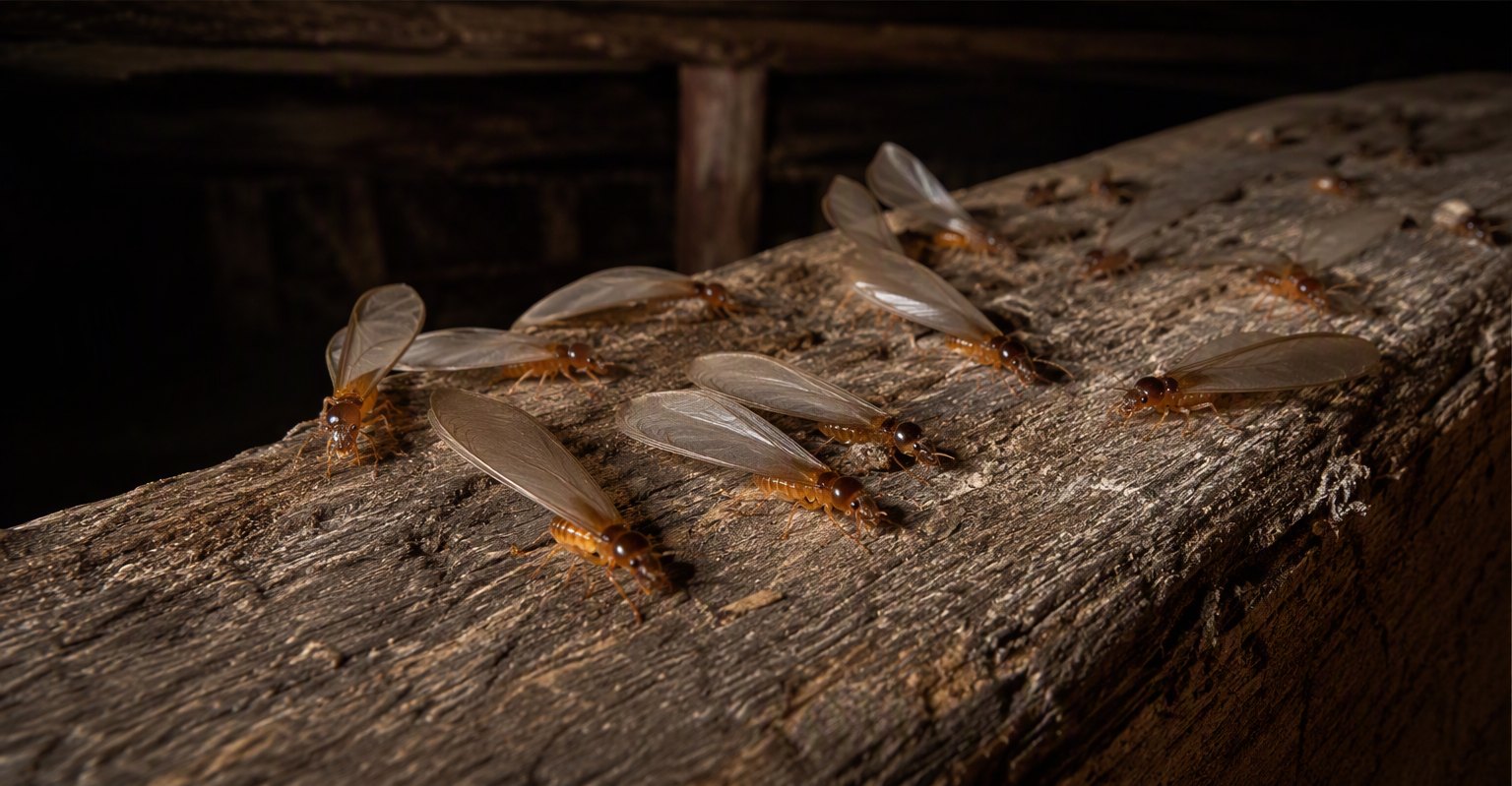 Winged termite swarmers on an old wooden beam in lamplight